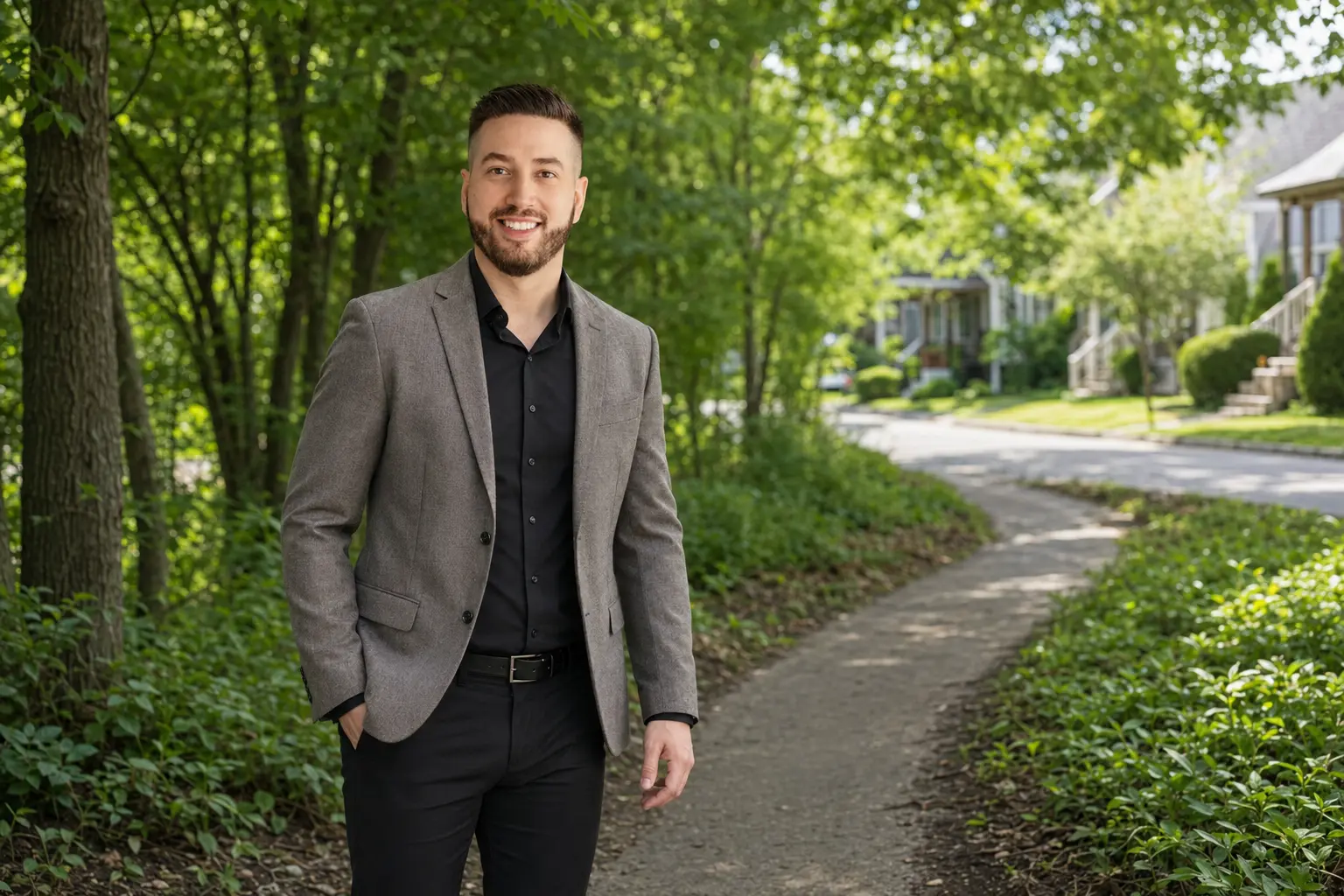 Alexis Marcoux près d’un espace vert dans un quartier mature du secteur V à Brossard