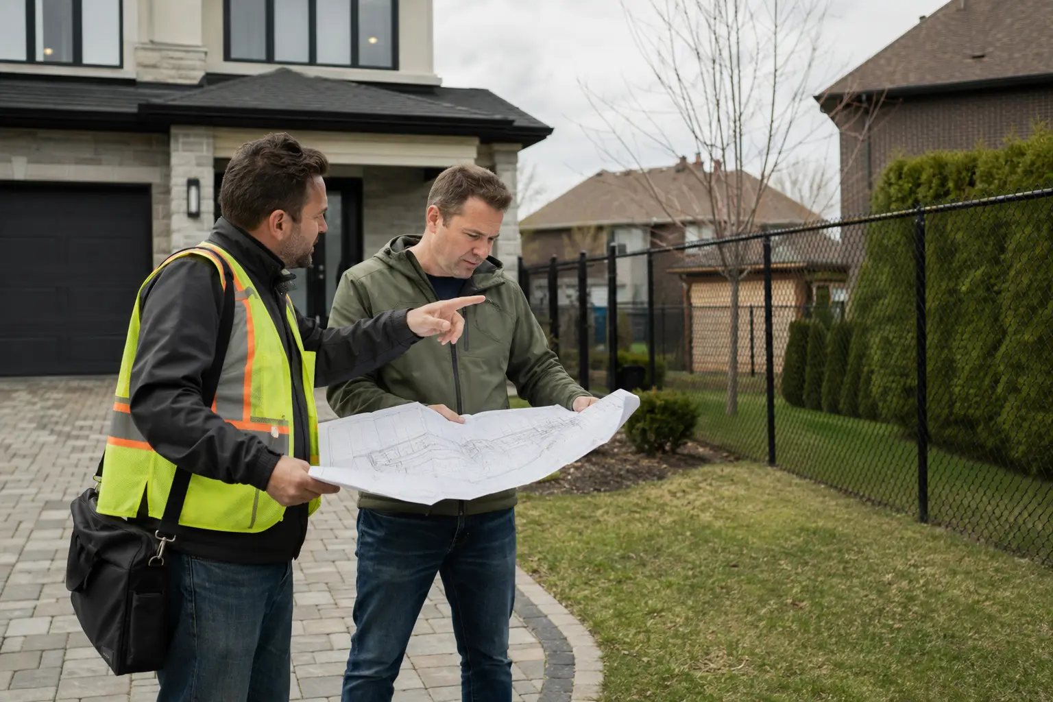 Scène illustrative d’un propriétaire et d’un professionnel examinant un plan à l’extérieur d’une maison