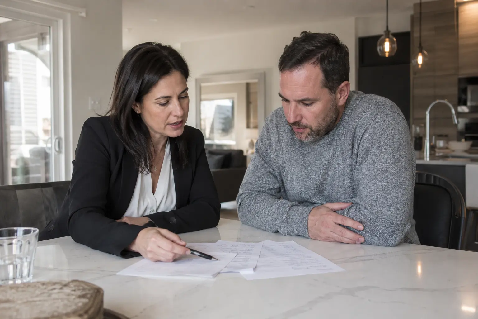 Propriétaires examinant la valeur de leur propriété à Brossard avec un courtier immobilier