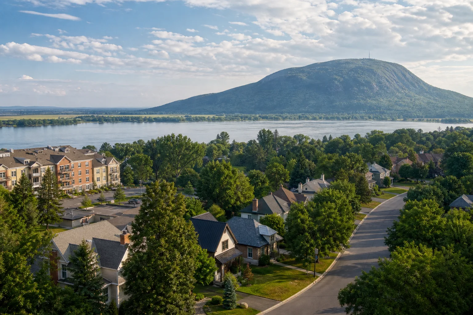 Quartier résidentiel près de la rivière Richelieu avec le mont Saint-Hilaire