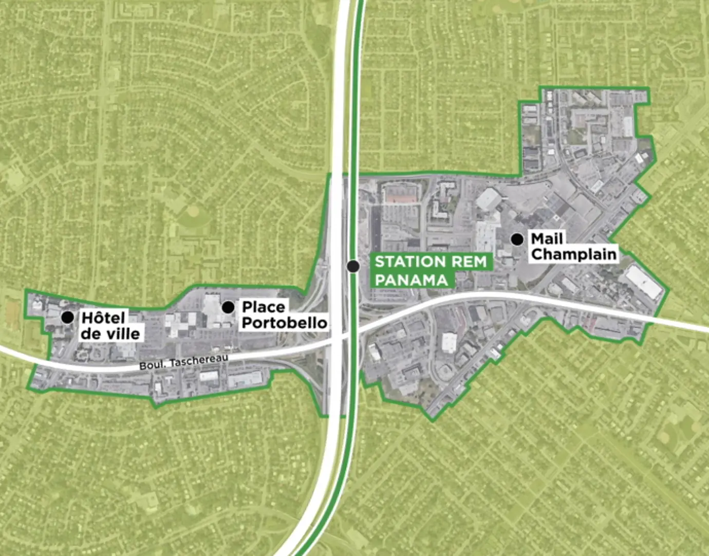 Carte de référence du territoire étudié pour le futur centre-ville de Brossard