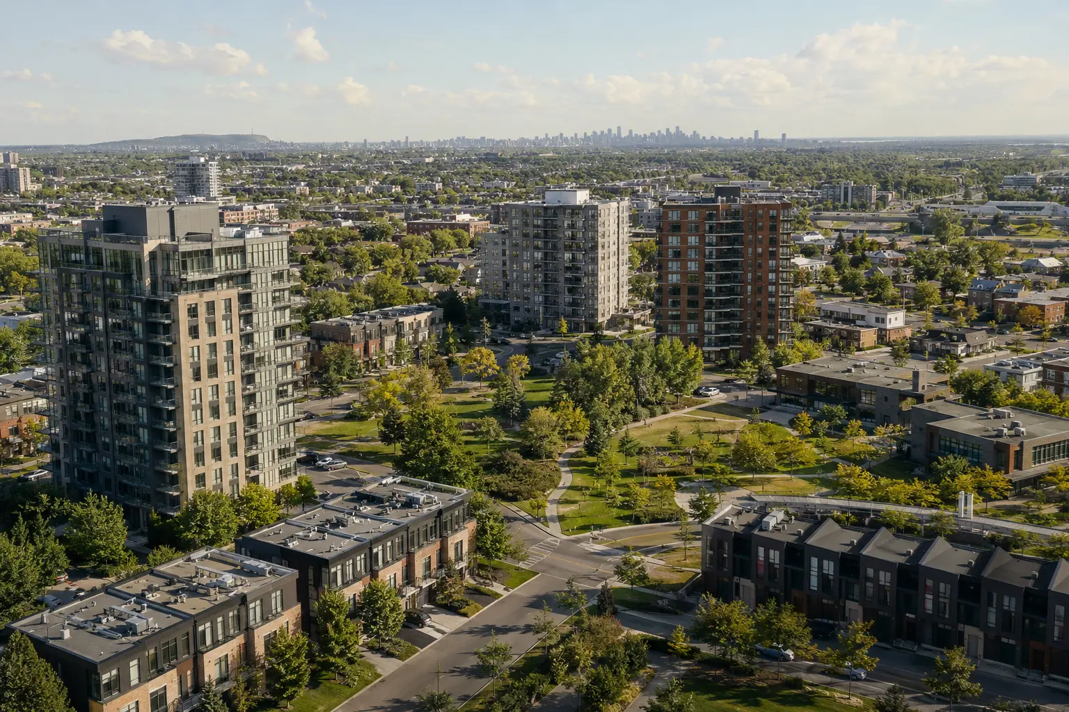 Vue d’ambiance originale d’un quartier urbain mixte de la Rive-Sud