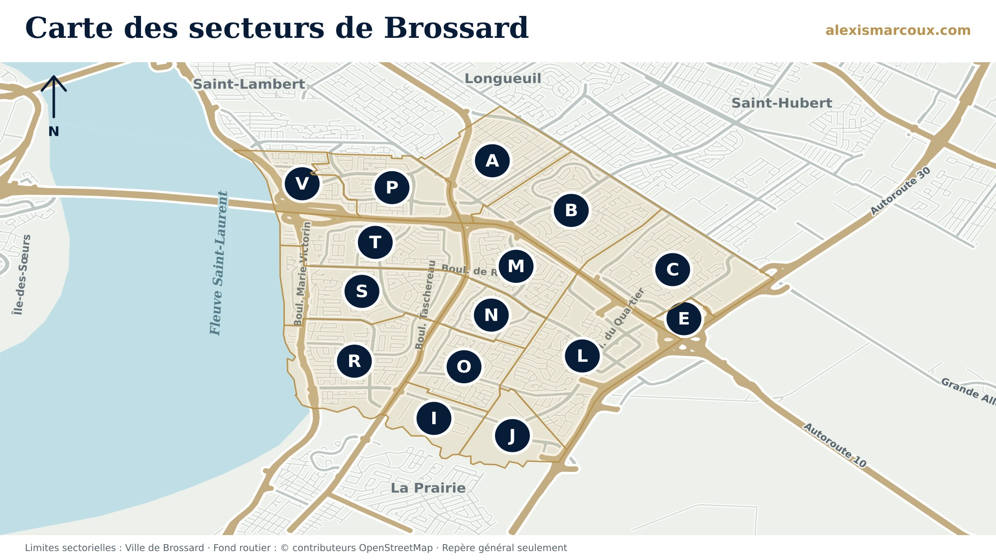 Carte des secteurs de Brossard avec le fleuve Saint-Laurent, l’Île-des-Sœurs et les villes voisines de Saint-Lambert, Longueuil, Saint-Hubert et La Prairie