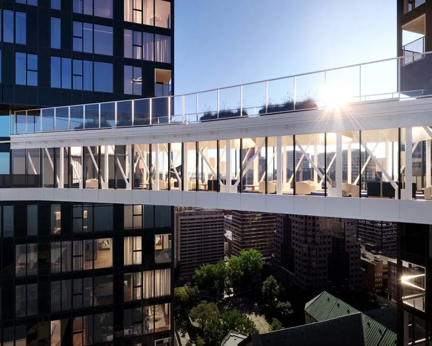 Perspective de la passerelle · Maestria · phase 1 · Devimco