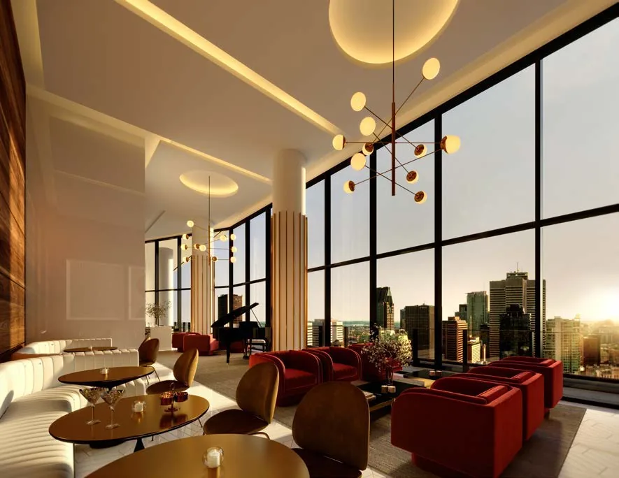 Perspective du lounge avec piano · Maestria · phase 2 · Devimco