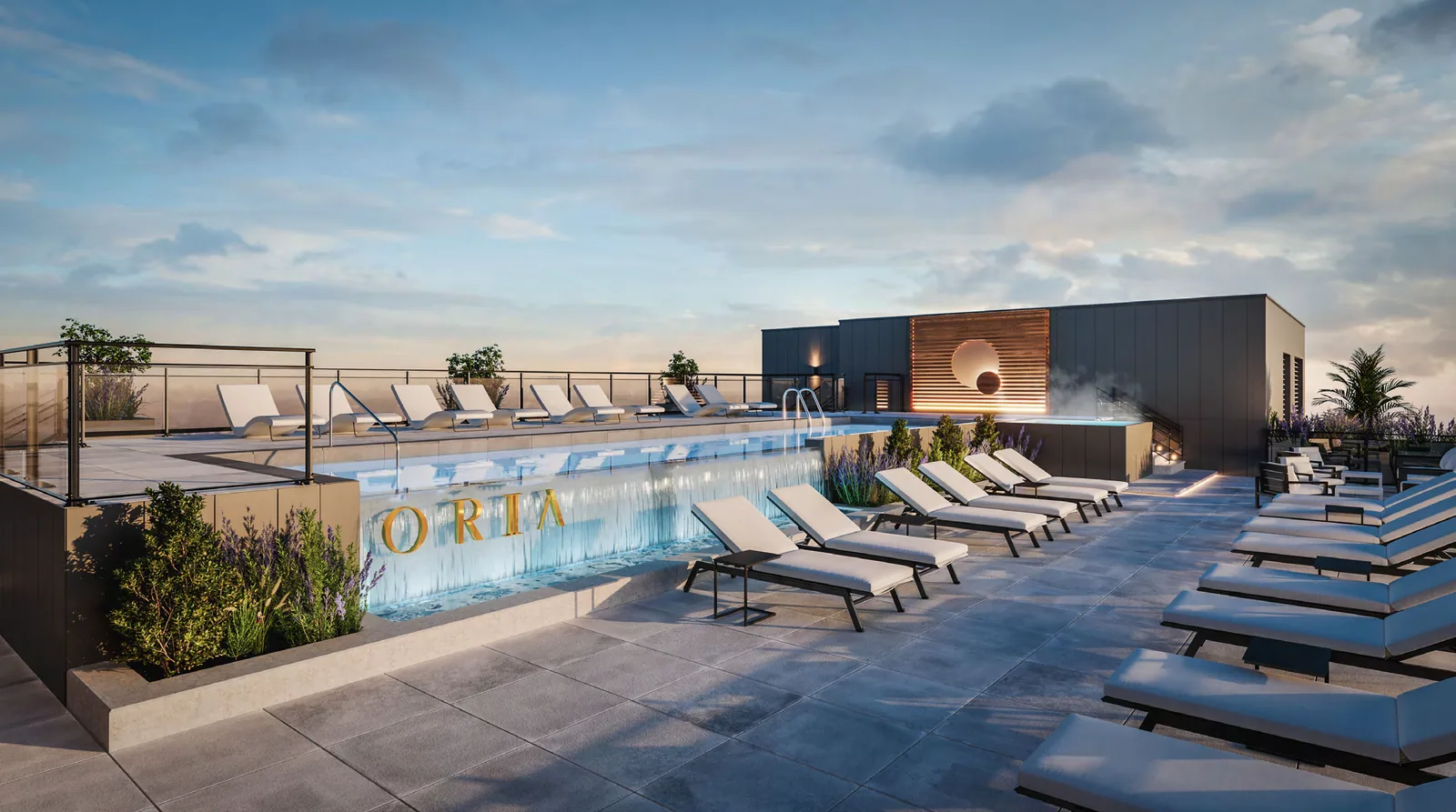 Perspective de la piscine extérieure · Oria · phase 2 · Devimco