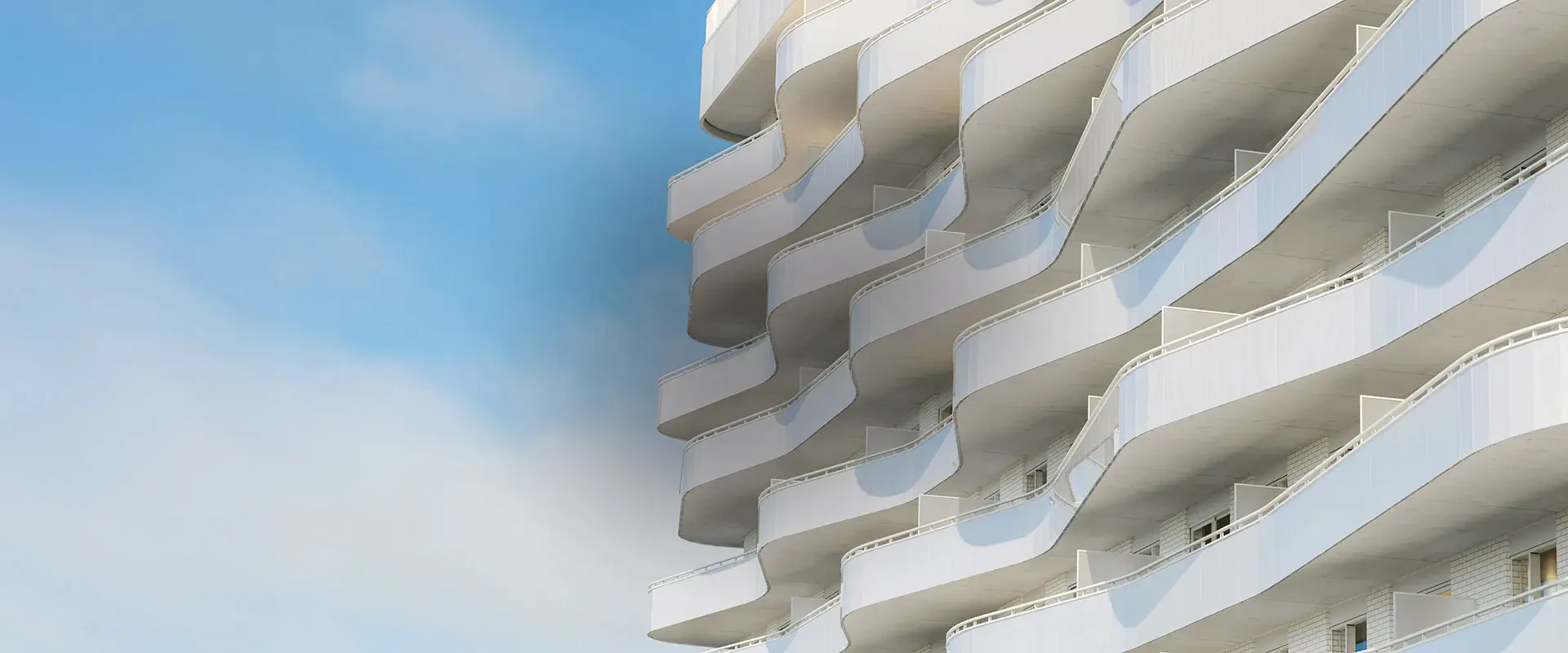 Rendu architectural des balcons courbes du projet Palma Condominiums à Solar Uniquartier