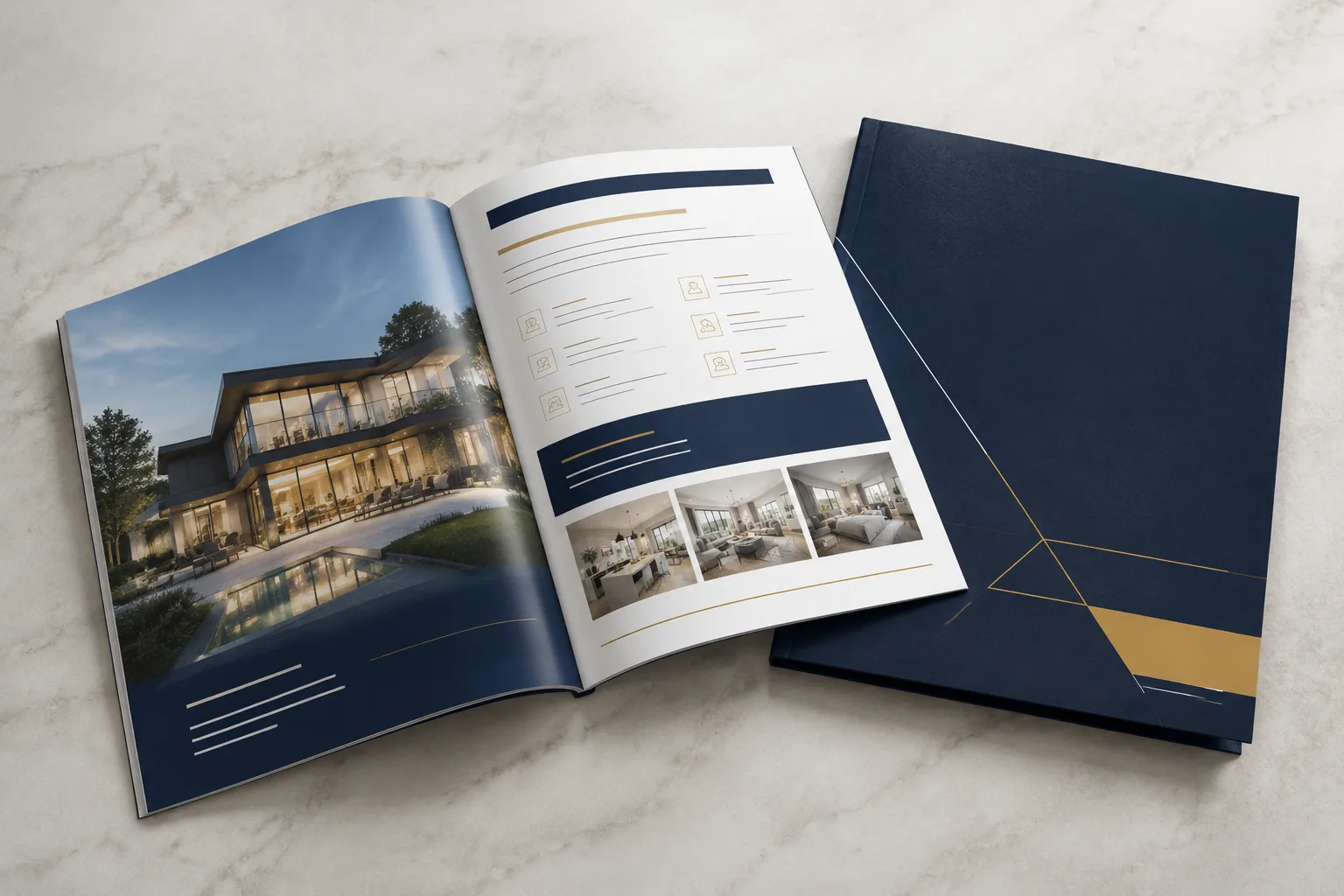 Brochure immobilière haut de gamme aux couleurs bleu marine et or