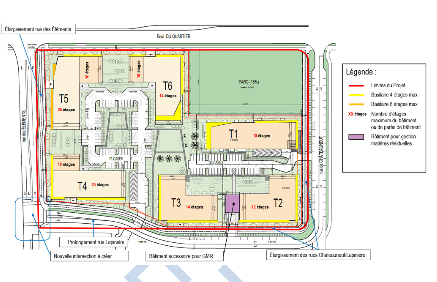 Plan de Solar 2 à Brossard : bâtiments T1 à T6, parc et rues du Quartier, des Éléments, Châteauneuf et Lapinière
