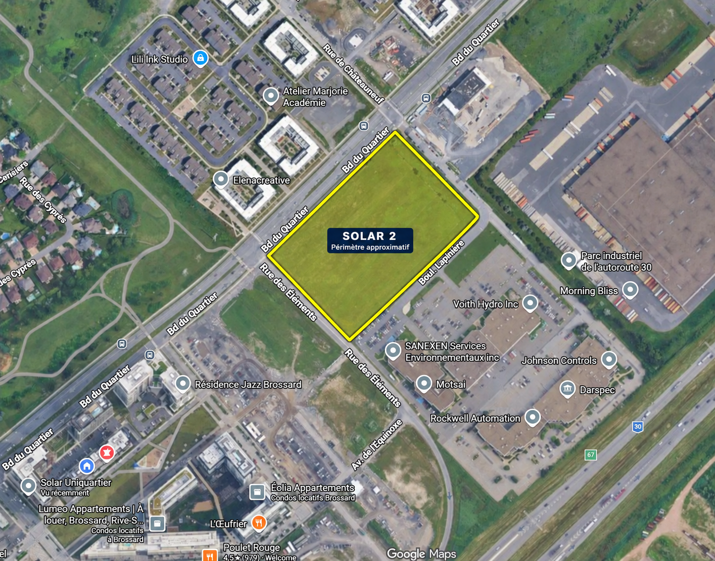 Capture Google Maps avec le quadrilatère de Solar 2 délimité en jaune entre le boulevard du Quartier et Lapinière, près de la rue des Éléments à Brossard